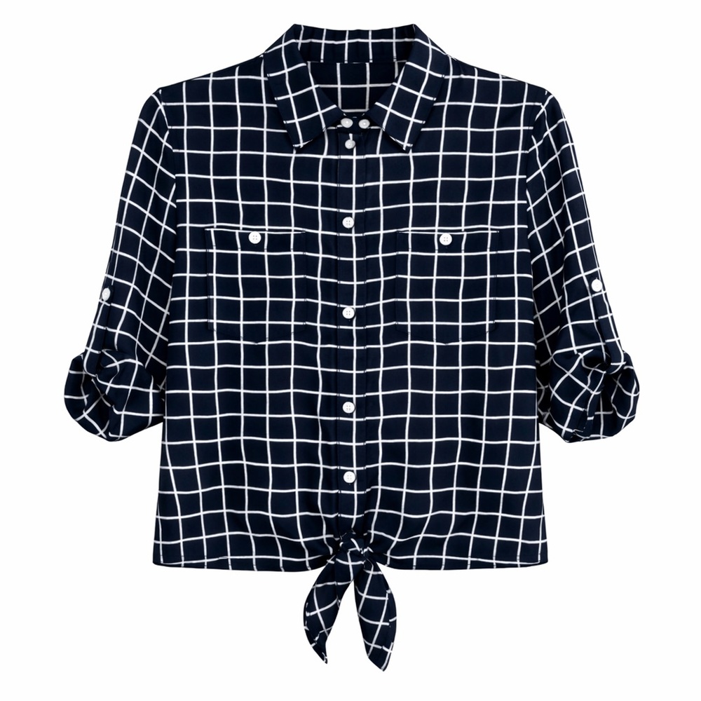 Ellen Tracy Blk & White Grid Tie Front Blouse Small Button Down Roll Tab Sleeve